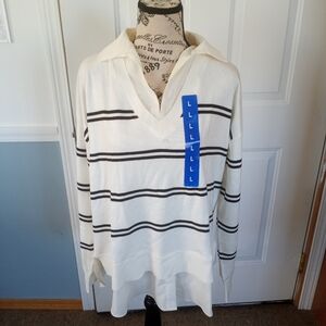 Hilary Radley Black and White Striped Long Sleeve Shirt